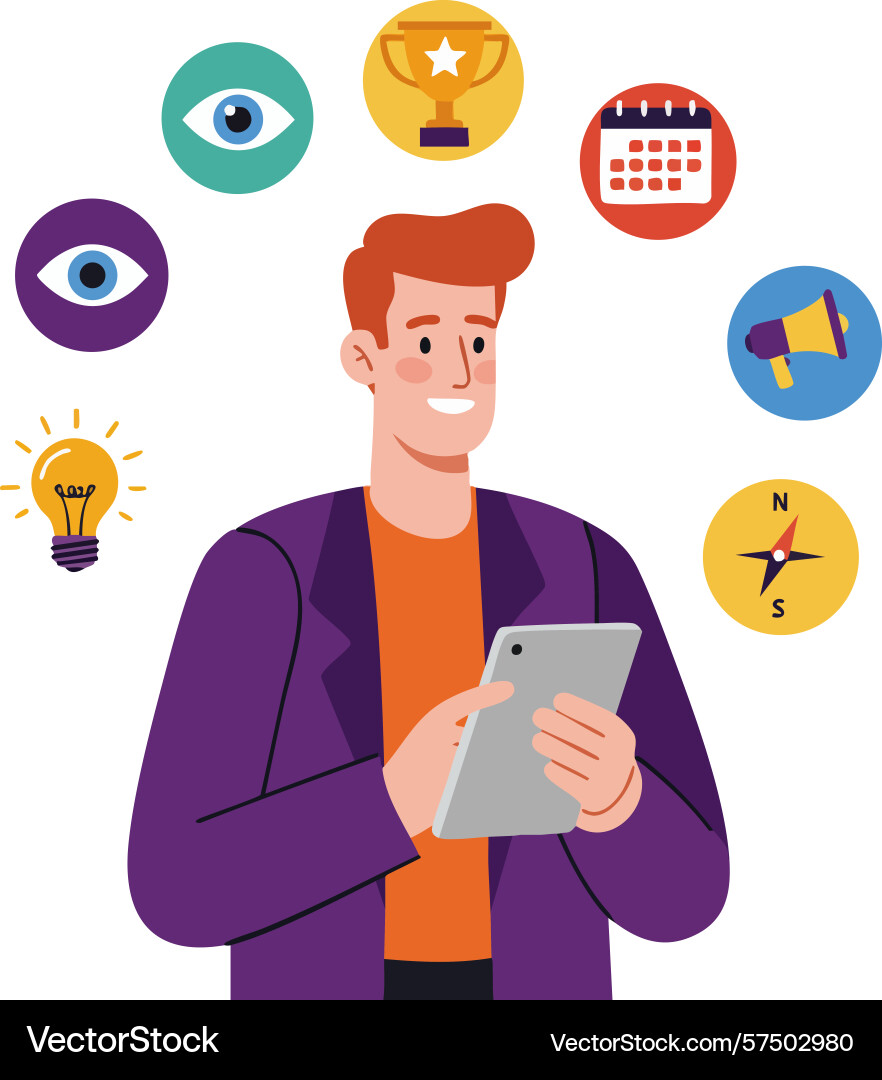 Man using tablet with icons of eye trophy Man using tablet with icons of eye trophy Vector Image