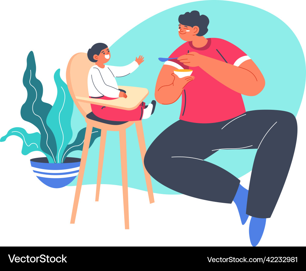 Dad feeding small boy sitting in chair parenthood vector image