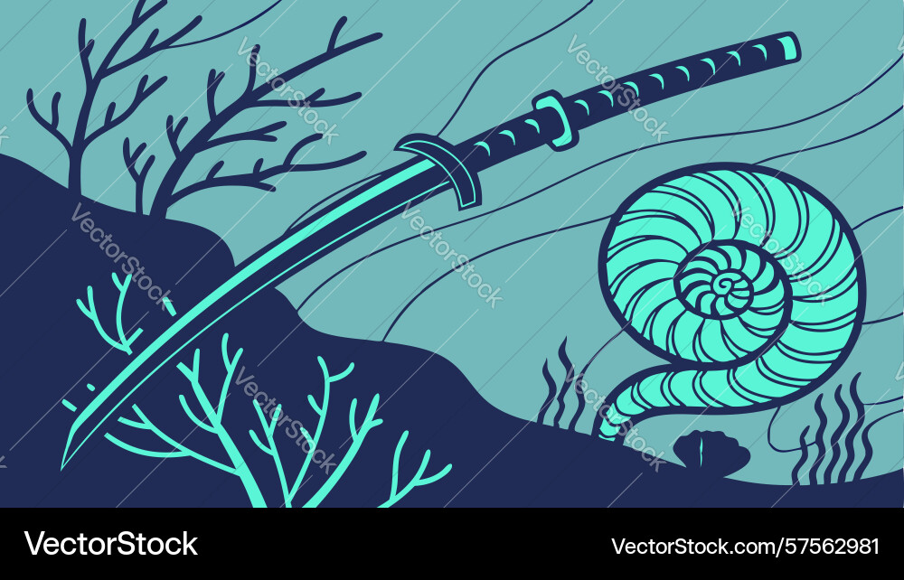 Katana sword with nautilus shell in abstract Vector Image