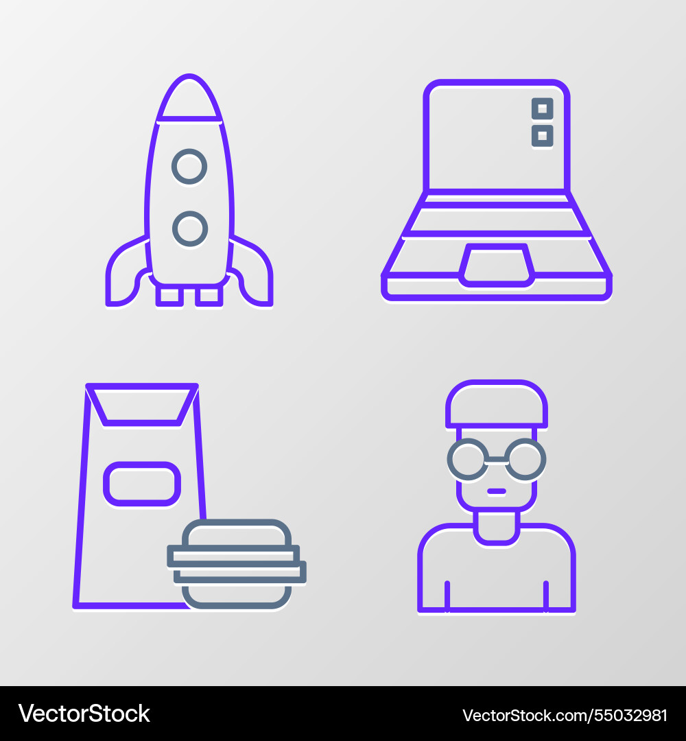 Set line nerd geek burger laptop and rocket ship Set line nerd geek burger laptop and rocket ship vector image