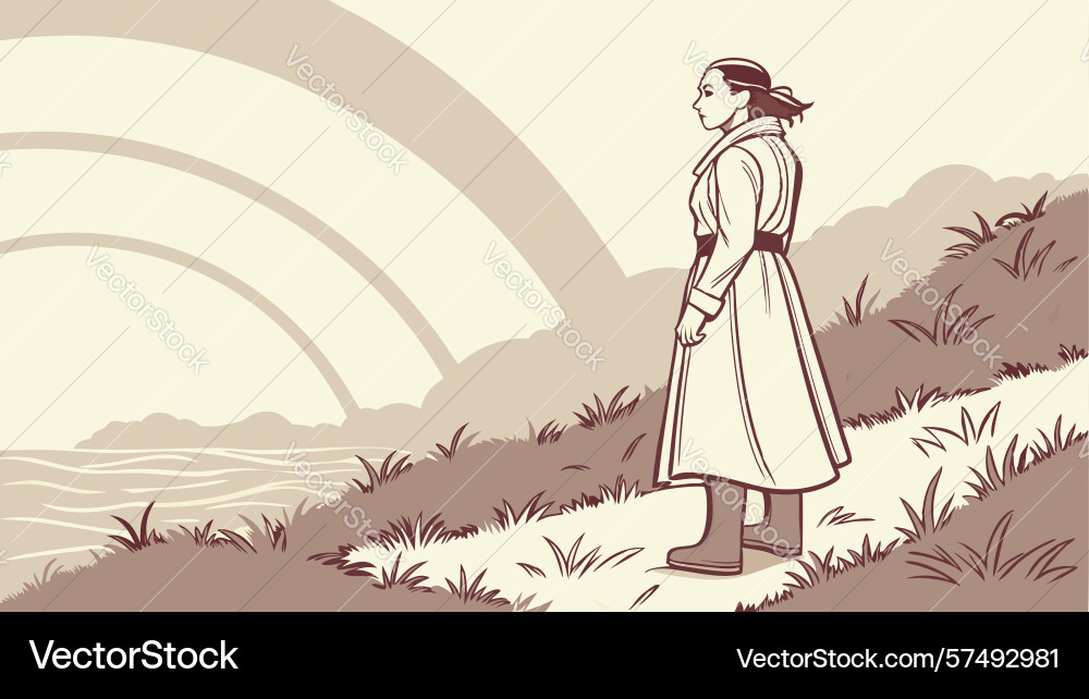 Woman standing in open field gazing at sky design Vector Image