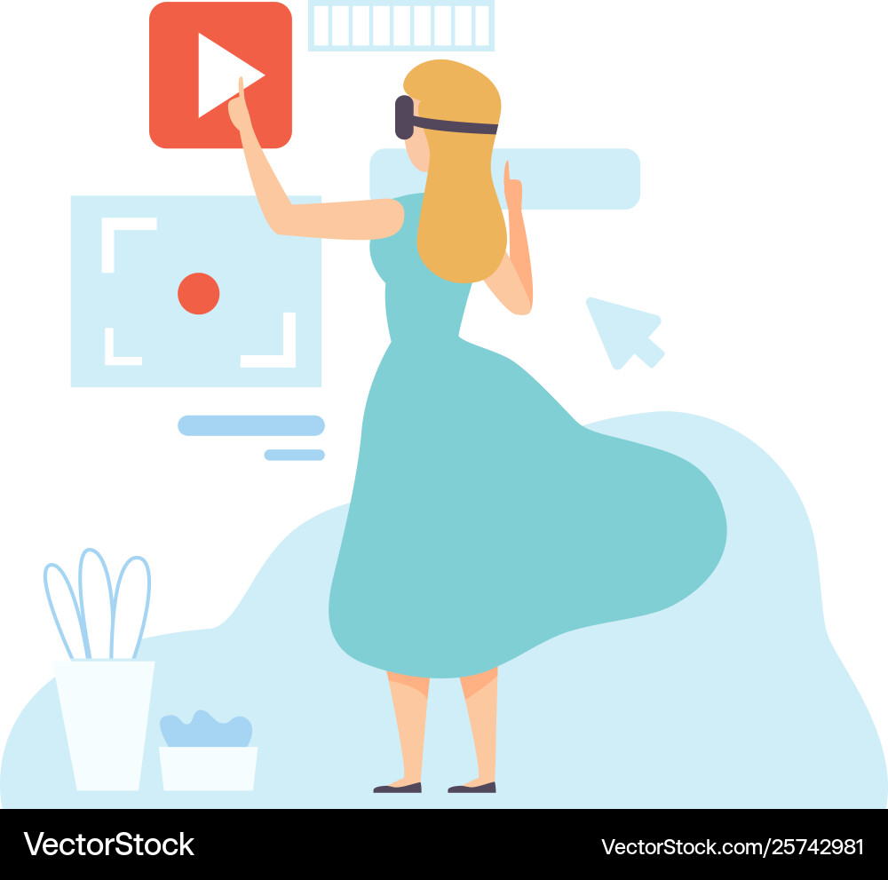 Woman wearing vr goggle headset with touching Woman wearing vr goggle headset with touching vector image