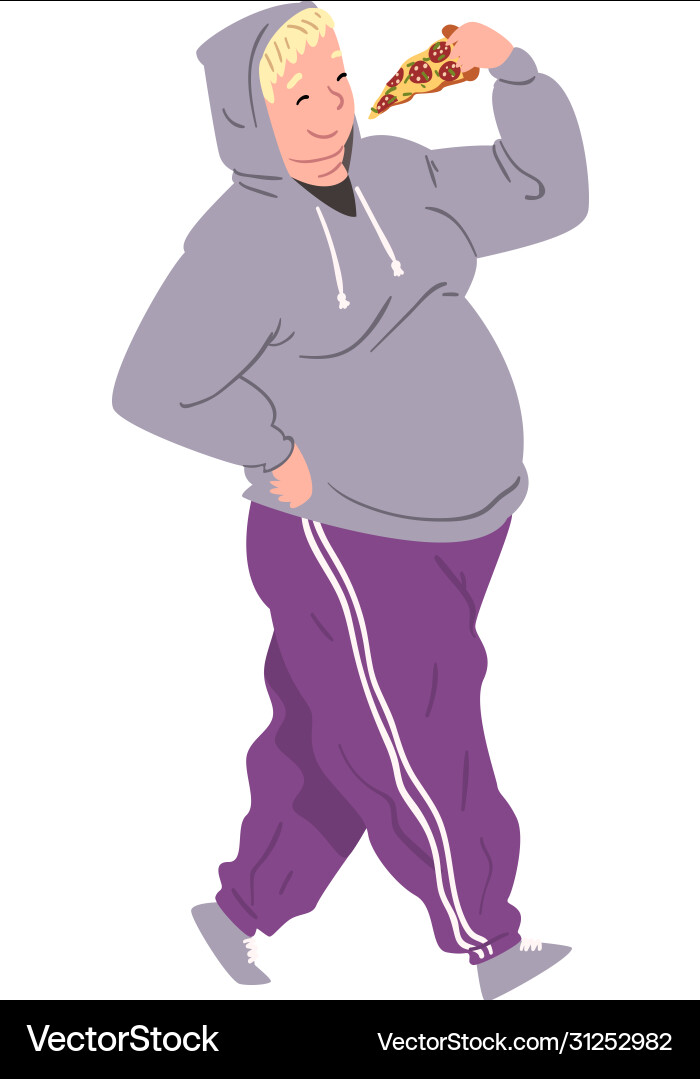 Fat young man eating pizza while walking obese Fat young man eating pizza while walking obese vector image