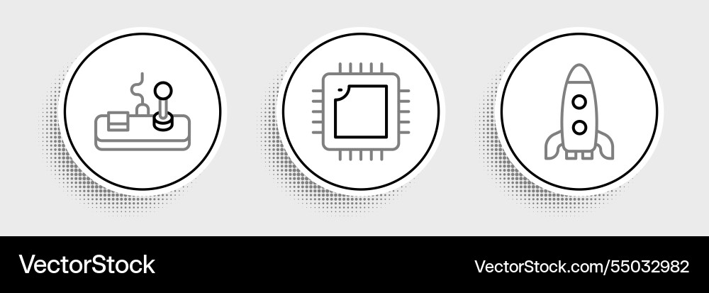 Set line rocket ship gamepad and processor Set line rocket ship gamepad and processor vector image