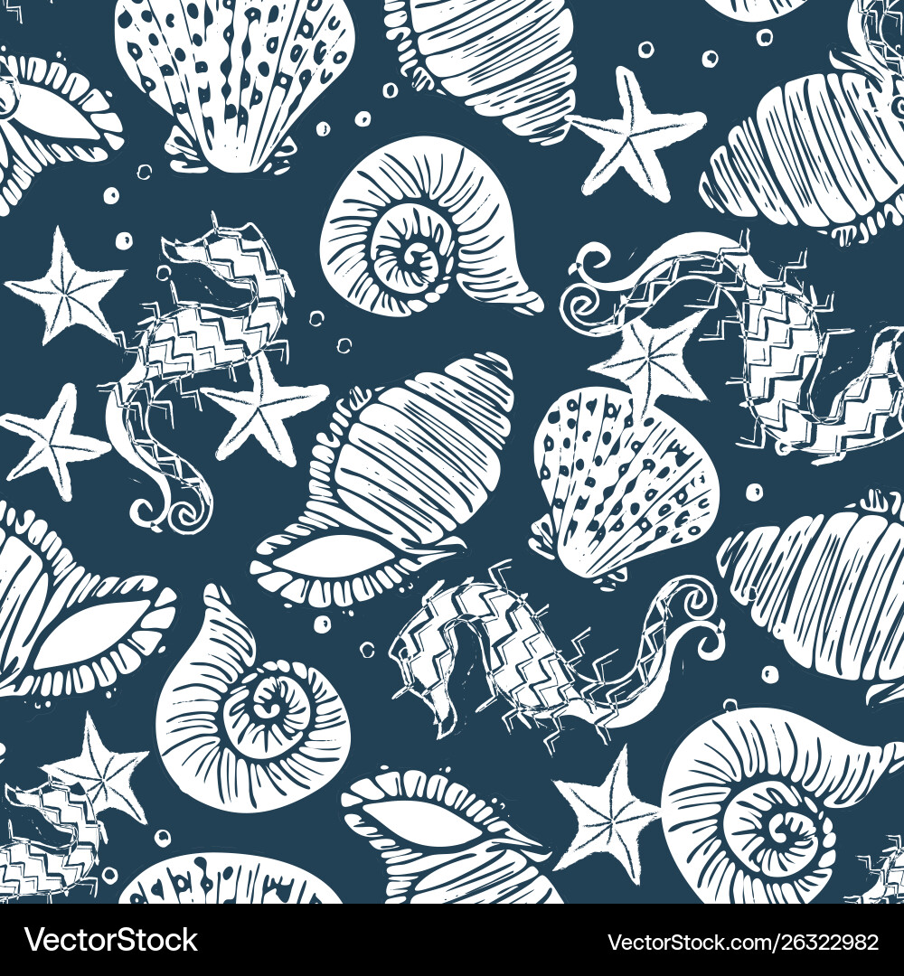 White and navy seashell seamless pattern print White and navy seashell seamless pattern print vector image