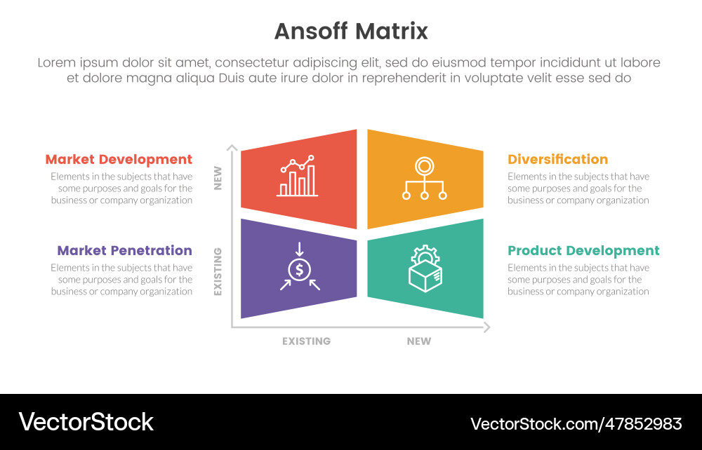 Ansoff matrix framework growth initiatives Vector Image