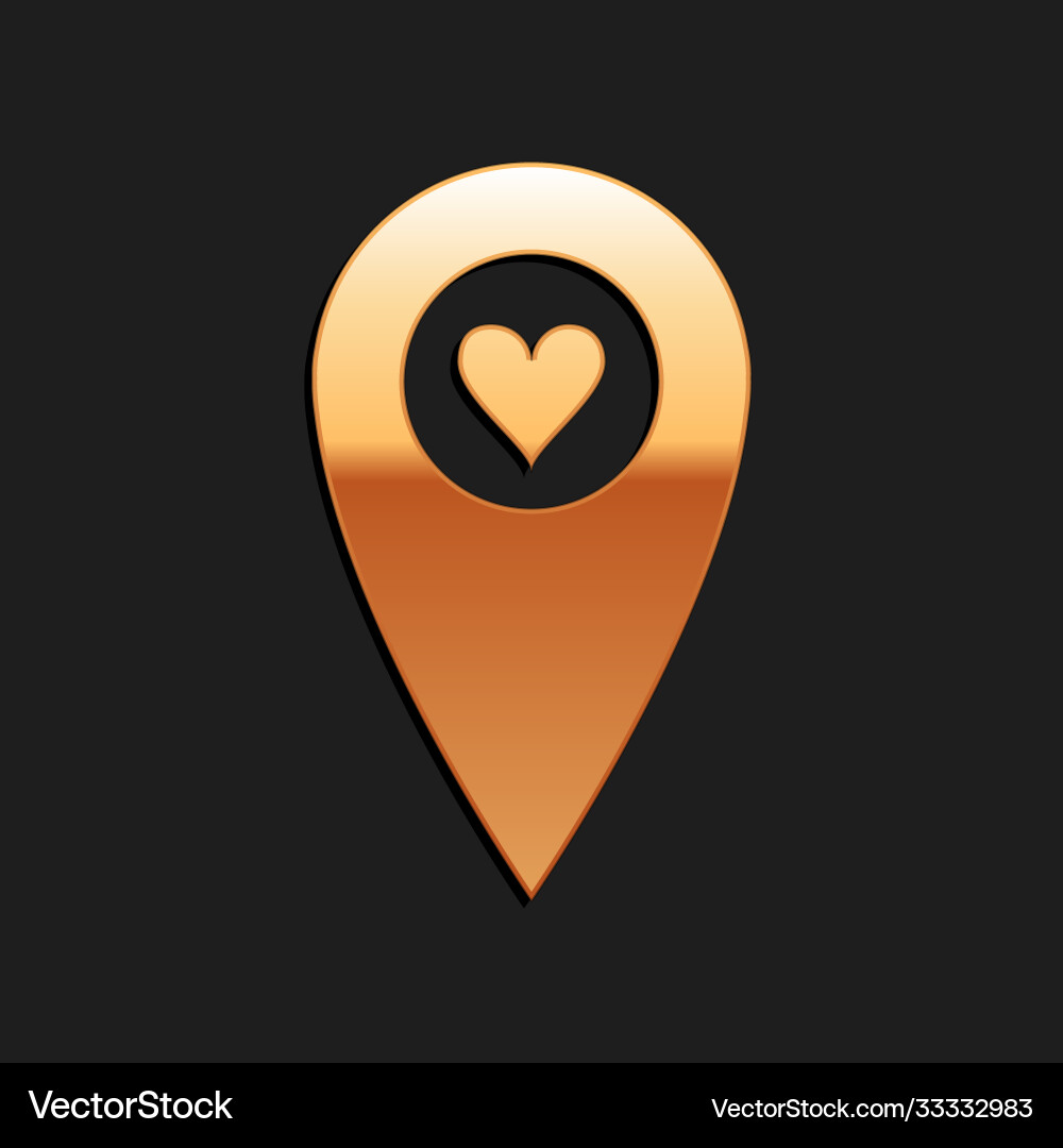 Gold map pointer with heart icon isolated on black Gold map pointer with heart icon isolated on black Vector Image