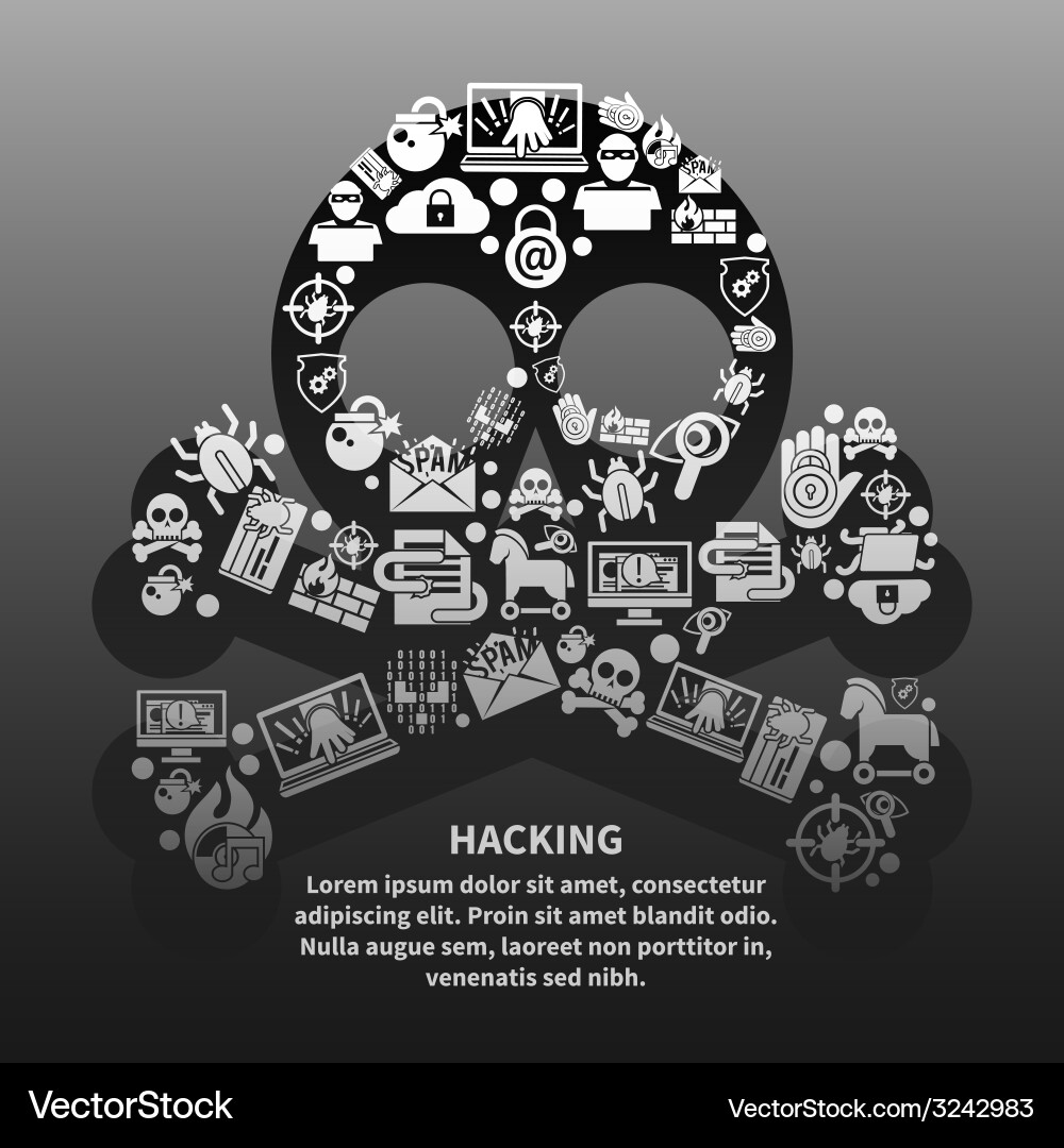 Hacker Skull with Danger Icons vector image