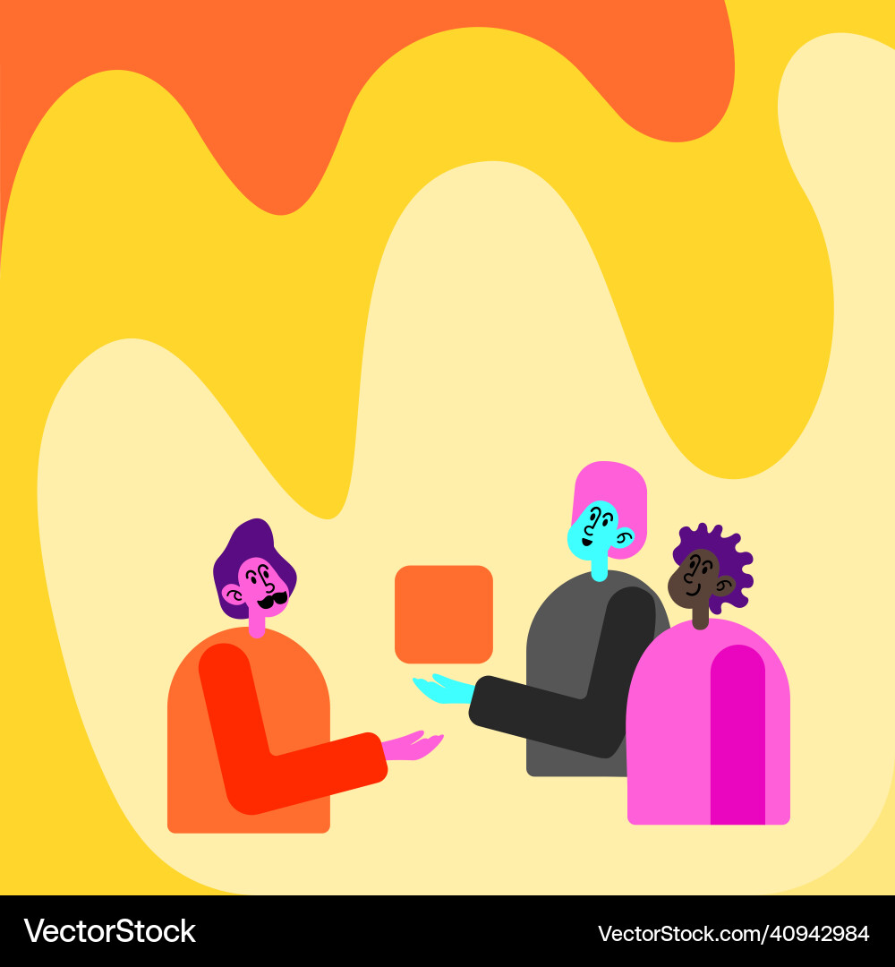 Three colleagues having meeting displaying cube Vector Image