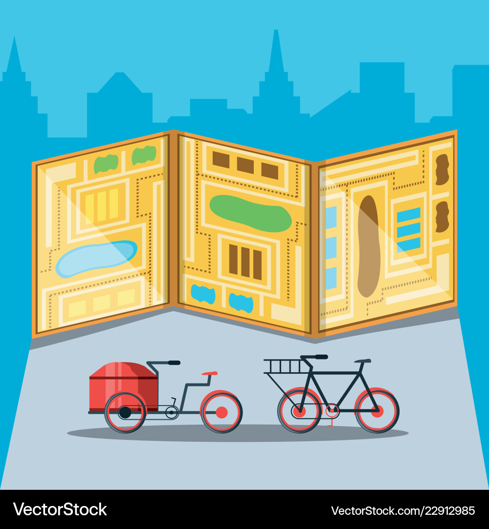 Bikes for logistic service with map Bikes for logistic service with map Vector Image
