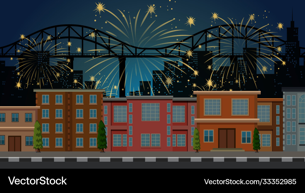 Cityscape with celebration fireworks scene Cityscape with celebration fireworks scene vector image
