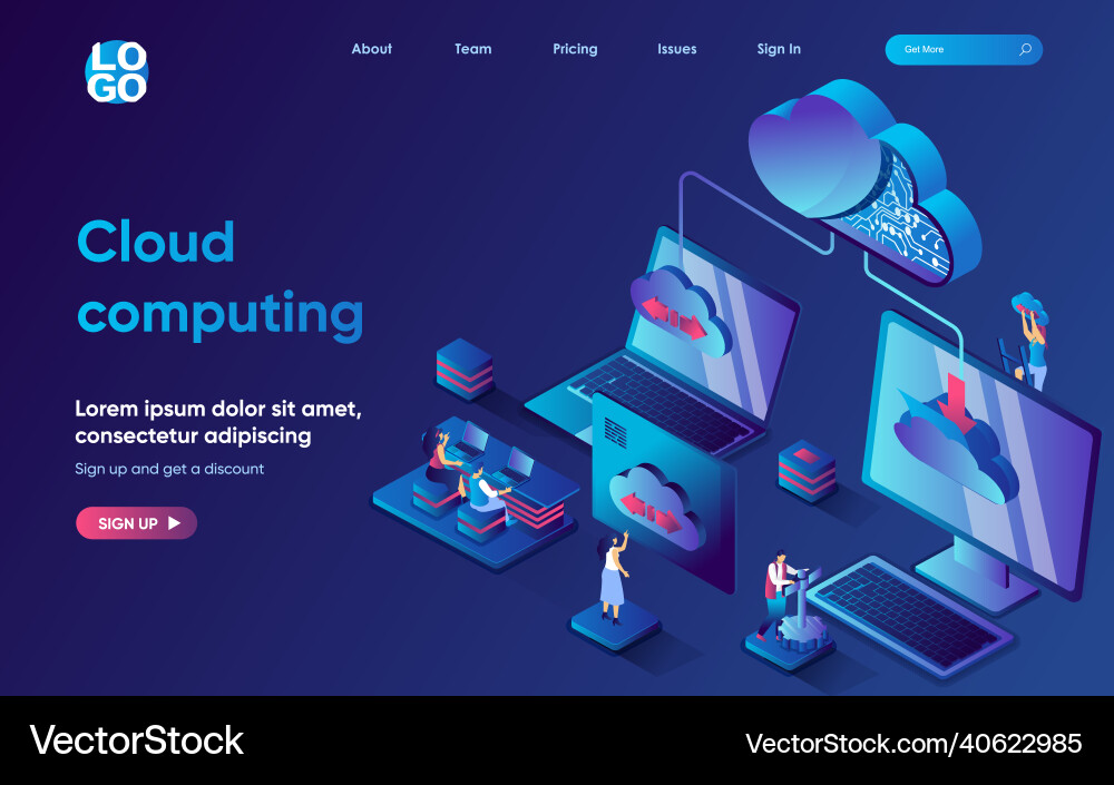 Cloud computing concept isometric landing page Cloud computing concept isometric landing page Vector Image