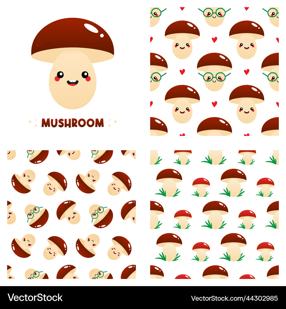 Mushroom character and three patterns set Mushroom character and three patterns set vector image