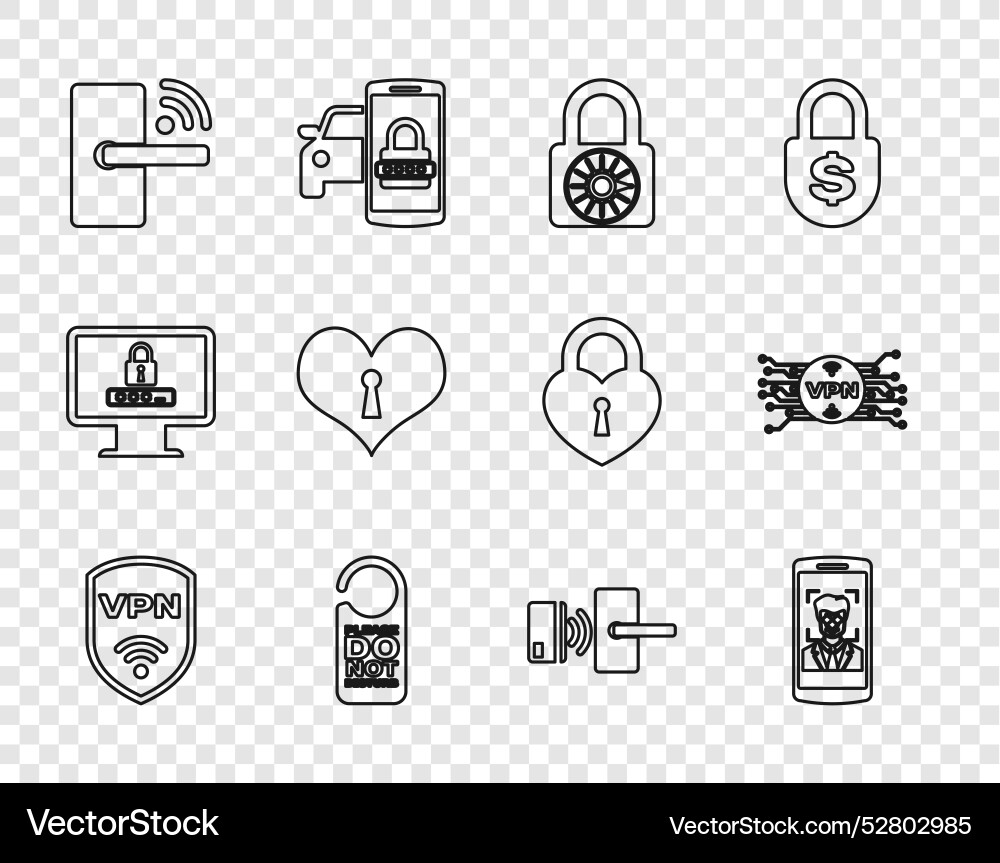 Set line shield with vpn wireless mobile and face Set line shield with vpn wireless mobile and face vector image