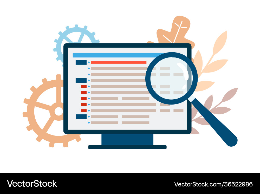 Computer with code and magnifier checking program Computer with code and magnifier checking program vector image