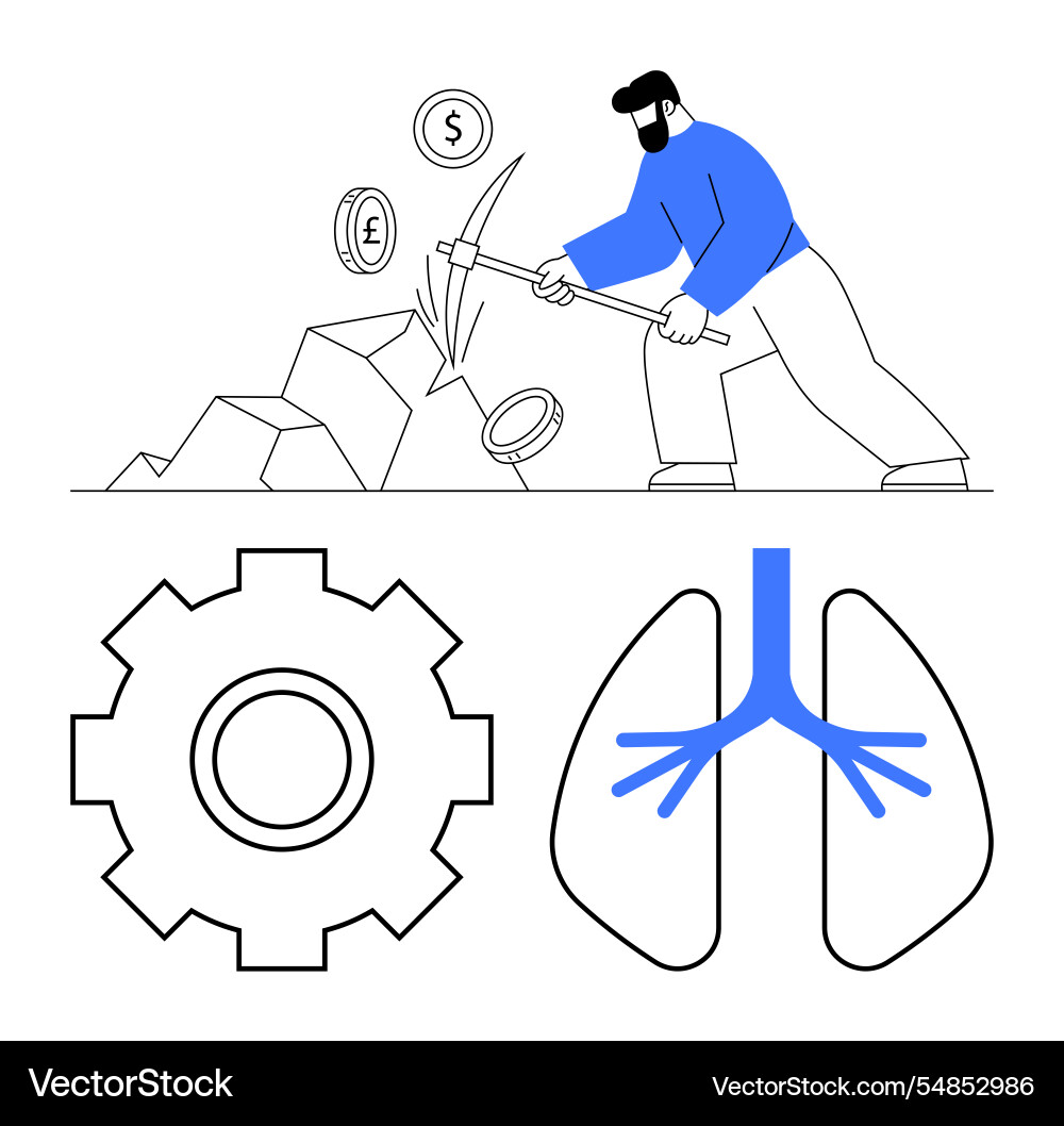 Man mining coins with pickaxe surrounded by lung Man mining coins with pickaxe surrounded by lung vector image