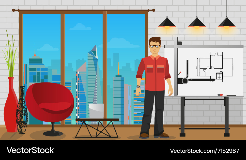 Man architect working with blueprint at office vector image