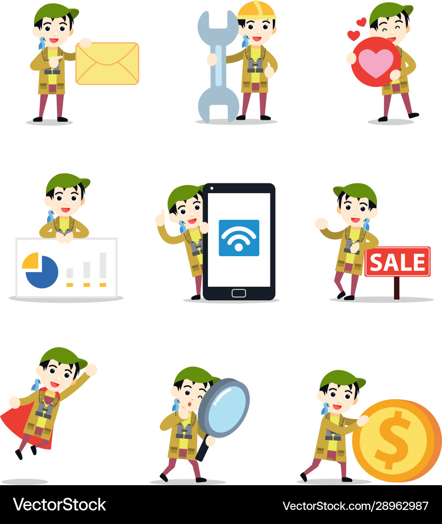 Set character bird watcher man in collecting infor Set character bird watcher man in collecting infor Vector Image