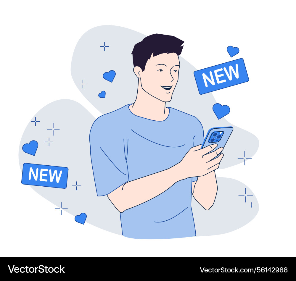Man using new mobile app happily Man using new mobile app happily vector image