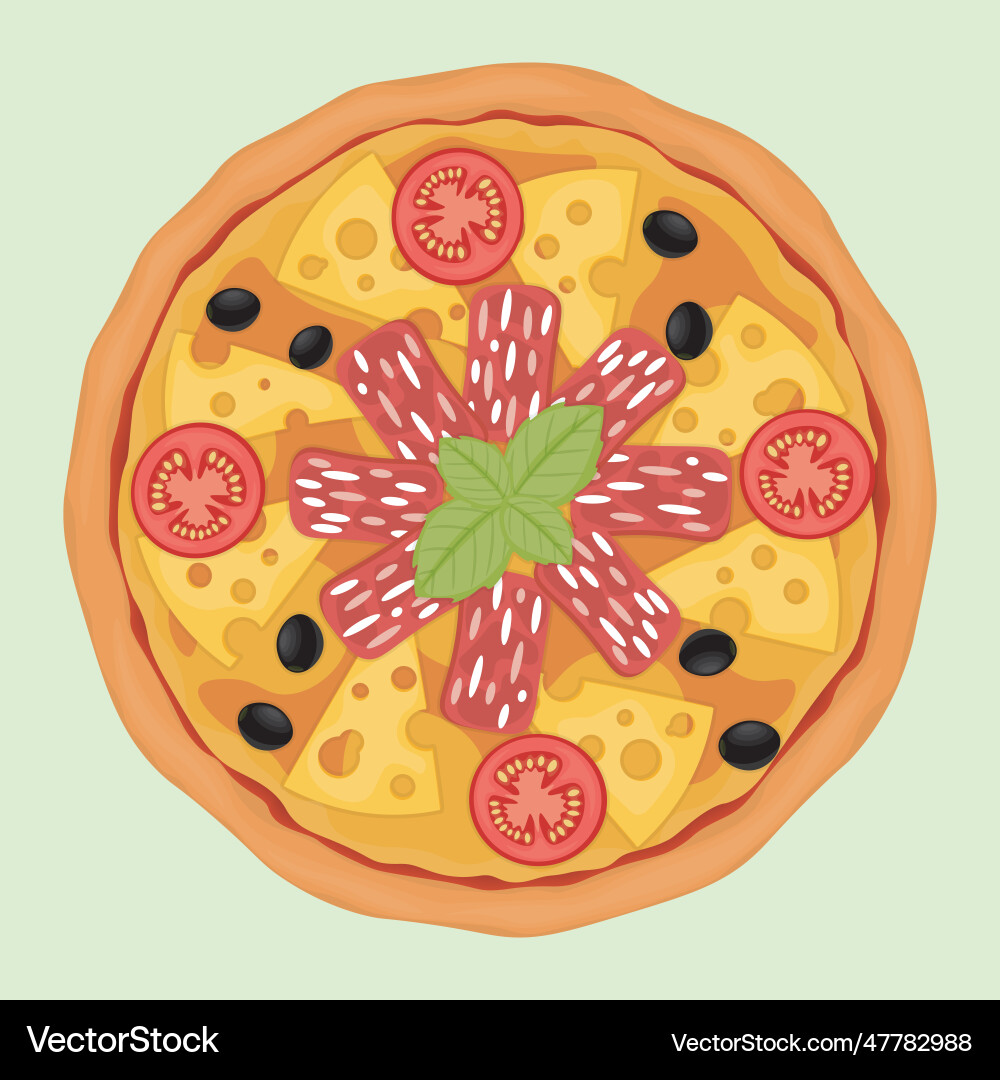 Pizza with olives maasdam cheese tomatoes Pizza with olives maasdam cheese tomatoes vector image
