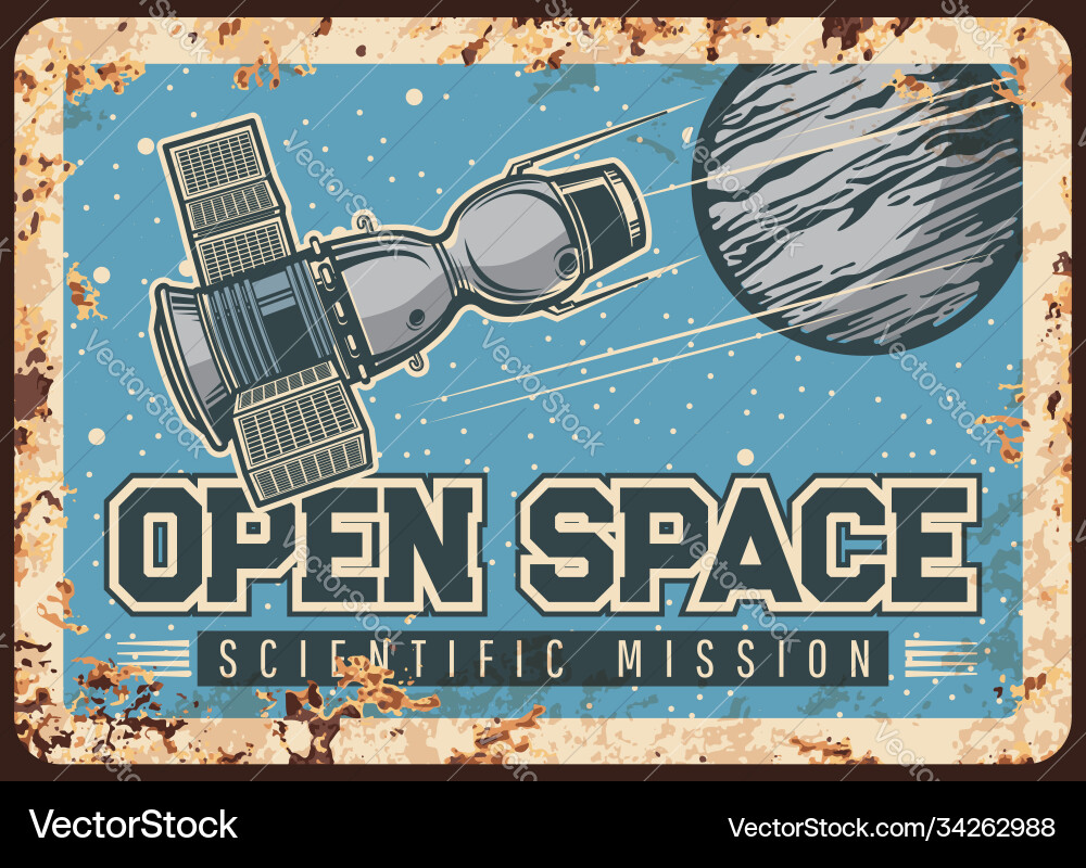 Satellite open space scientific mission tin poster Satellite open space scientific mission tin poster vector image