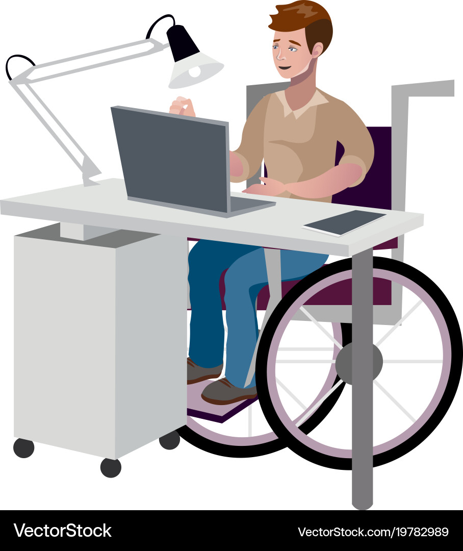 Disabled man in wheelchair working with computer Vector Image
