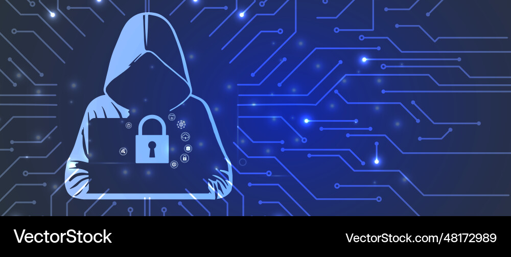 Hooded hacker from behind standing among working Hooded hacker from behind standing among working vector image
