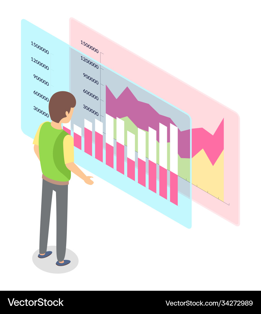 Man stands and researches graph data bar chart Man stands and researches graph data bar chart vector image
