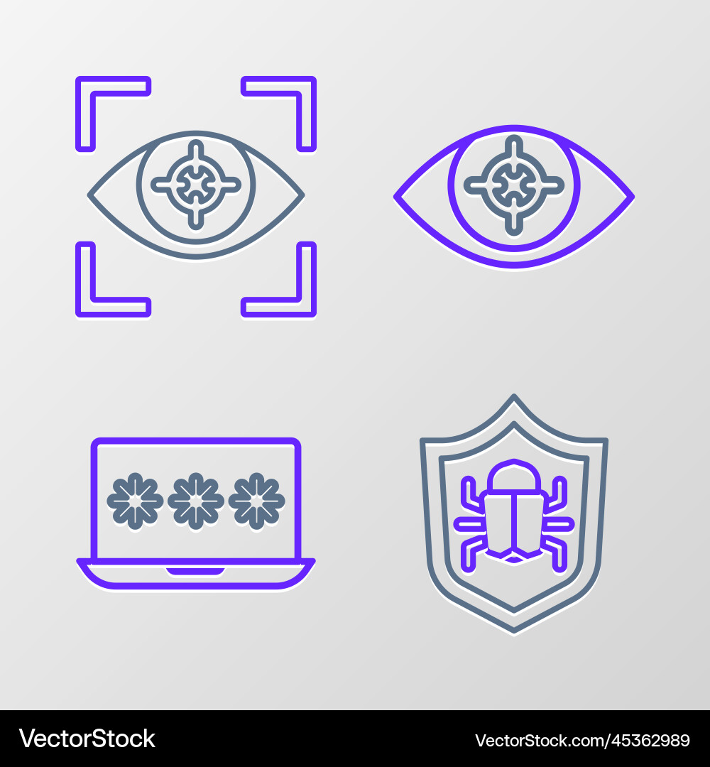 Set line system bug laptop with password eye Set line system bug laptop with password eye vector image