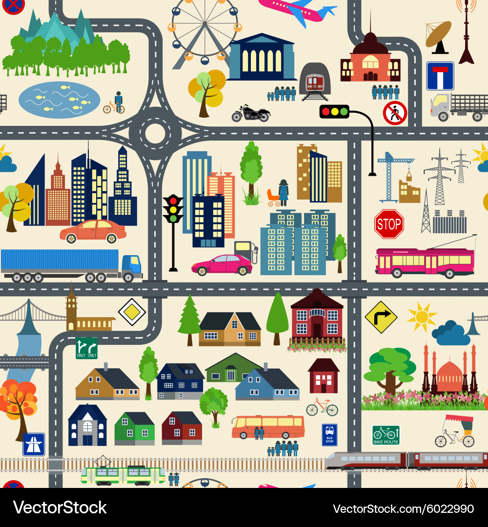 City Map Elements - Seamless Pattern Vector Image