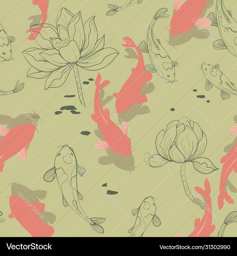 Red koi carps in green water among graphic Red koi carps in green water among graphic vector image