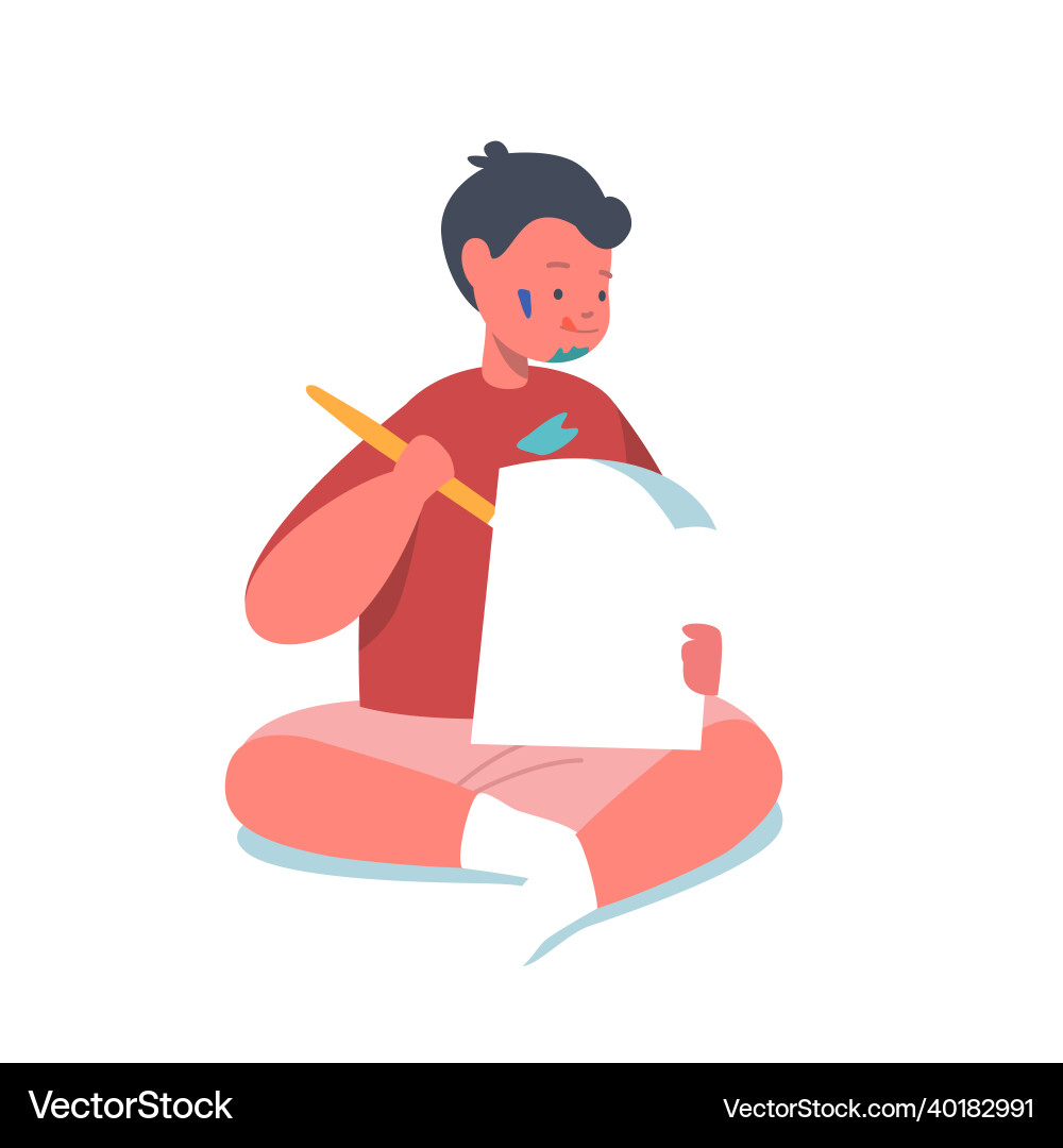 Little grimy boy with paint blobs on face enjoy Vector Image