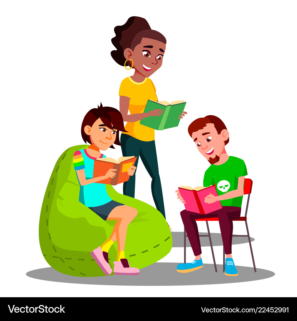 Multicultural student group boys and girls reading vector image