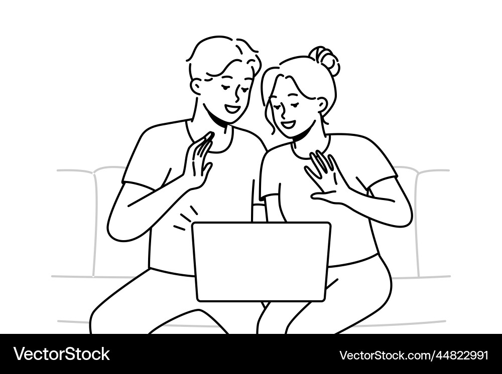 Smiling couple talk on video call computer vector image