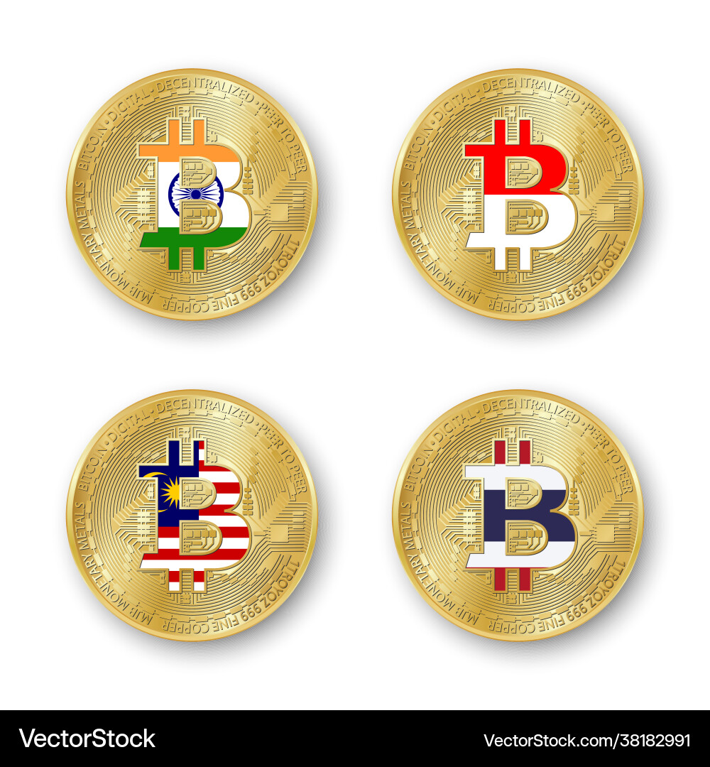 Vier goldene Bitcoin-Münzen mit Flaggen Vier goldene Bitcoin-Münzen mit Flaggen vektorbild