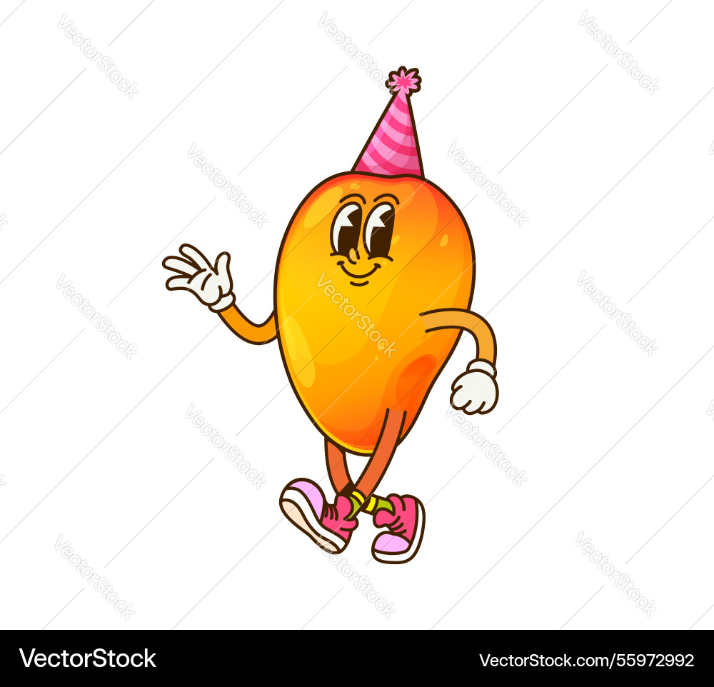 Cartoon groovy mango character wearing party hat Cartoon groovy mango character wearing party hat vector image
