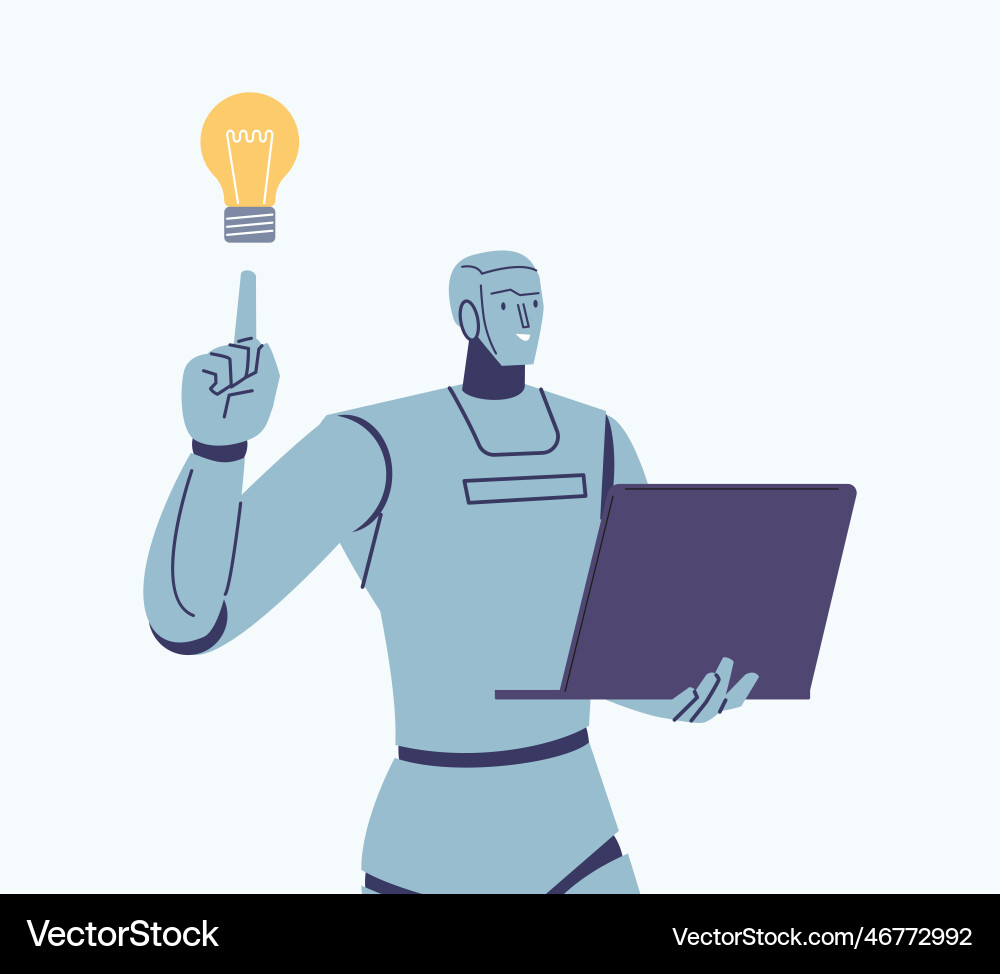 Robot with Laptop - Idea Generation Vector Image