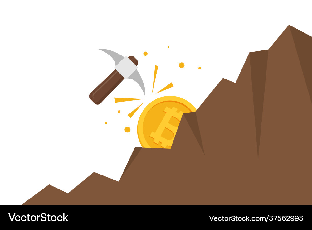 Bitcoin mining concept with pickaxe and coin flat Vector Image
