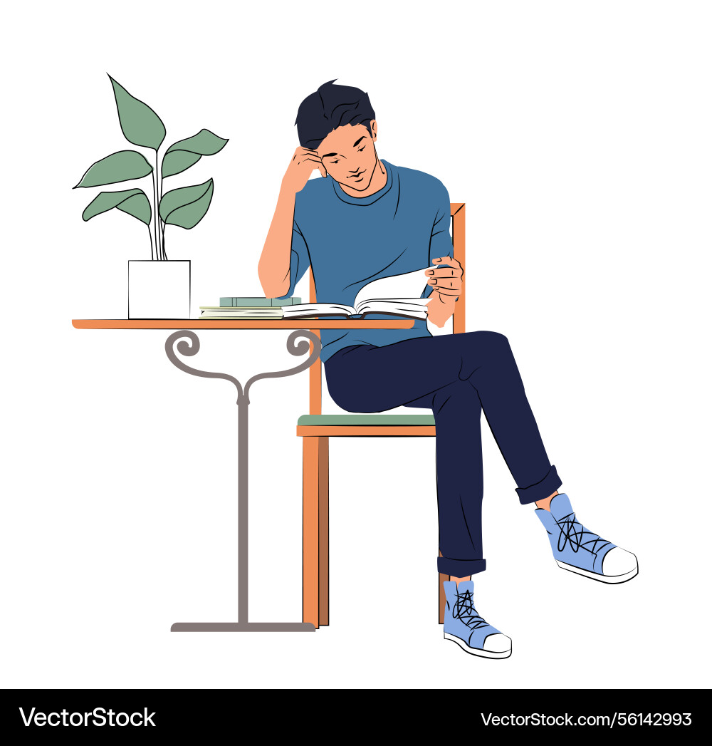 Man reading book at table in calm mood Man reading book at table in calm mood vector image