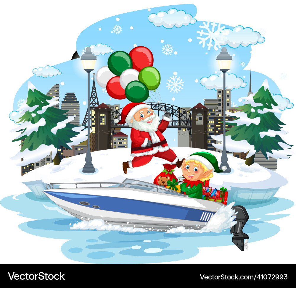 Snowy day with santa claus delivering gifts vector image