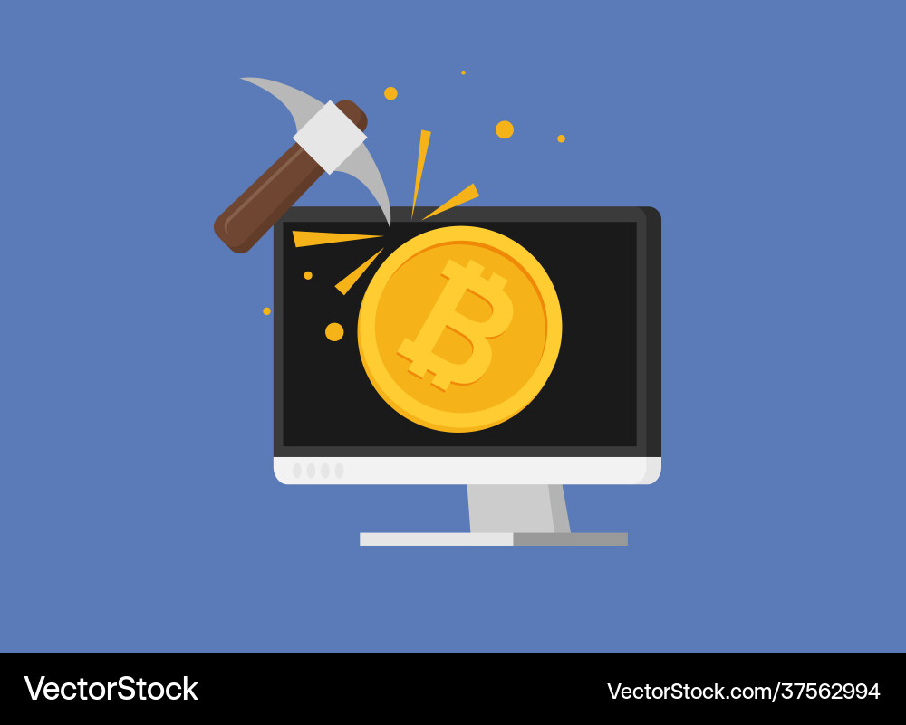 Bitcoin mining concept with pickaxe and coin flat Vector Image