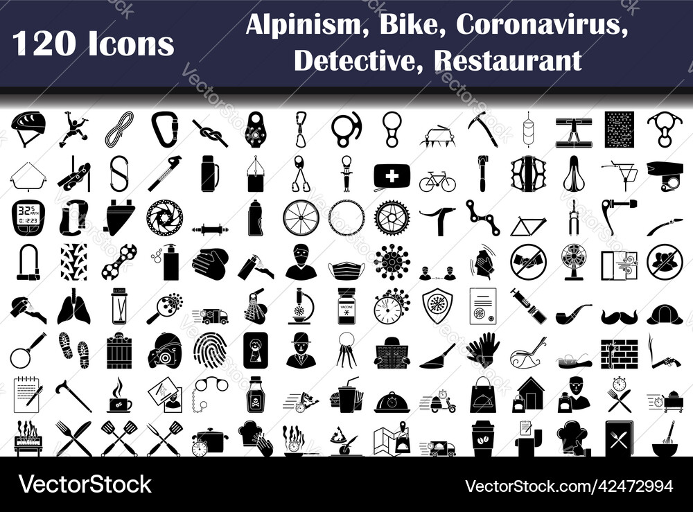 Set of 120 alpinism bike sport covid-19 detective Set of 120 alpinism bike sport covid-19 detective vector image