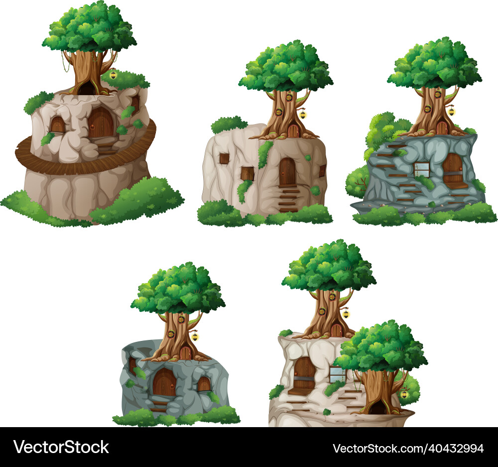 Set of different fantasy tree on cliff Set of different fantasy tree on cliff vector image