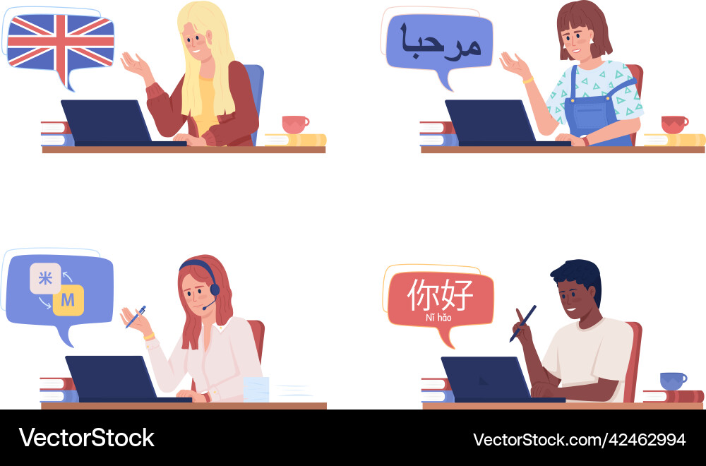 Studying language semi flat color character set Vector Image