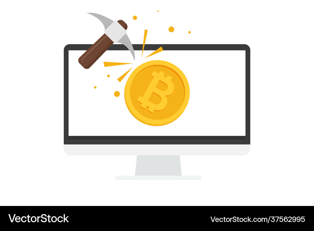 Bitcoin mining concept with pickaxe and coin flat vector image