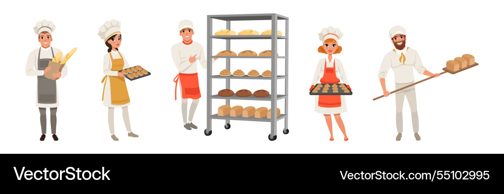 Man and woman baker character baking bread Man and woman baker character baking bread vector image