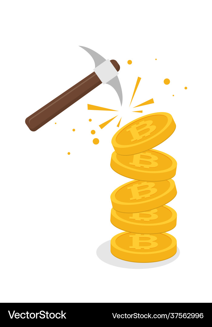 Bitcoin mining concept with pickaxe and coin flat Vector Image