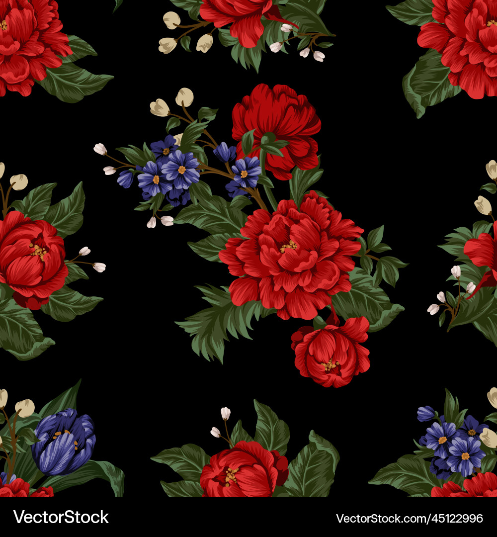 Seamless pattern with red peonies and small Seamless pattern with red peonies and small vector image