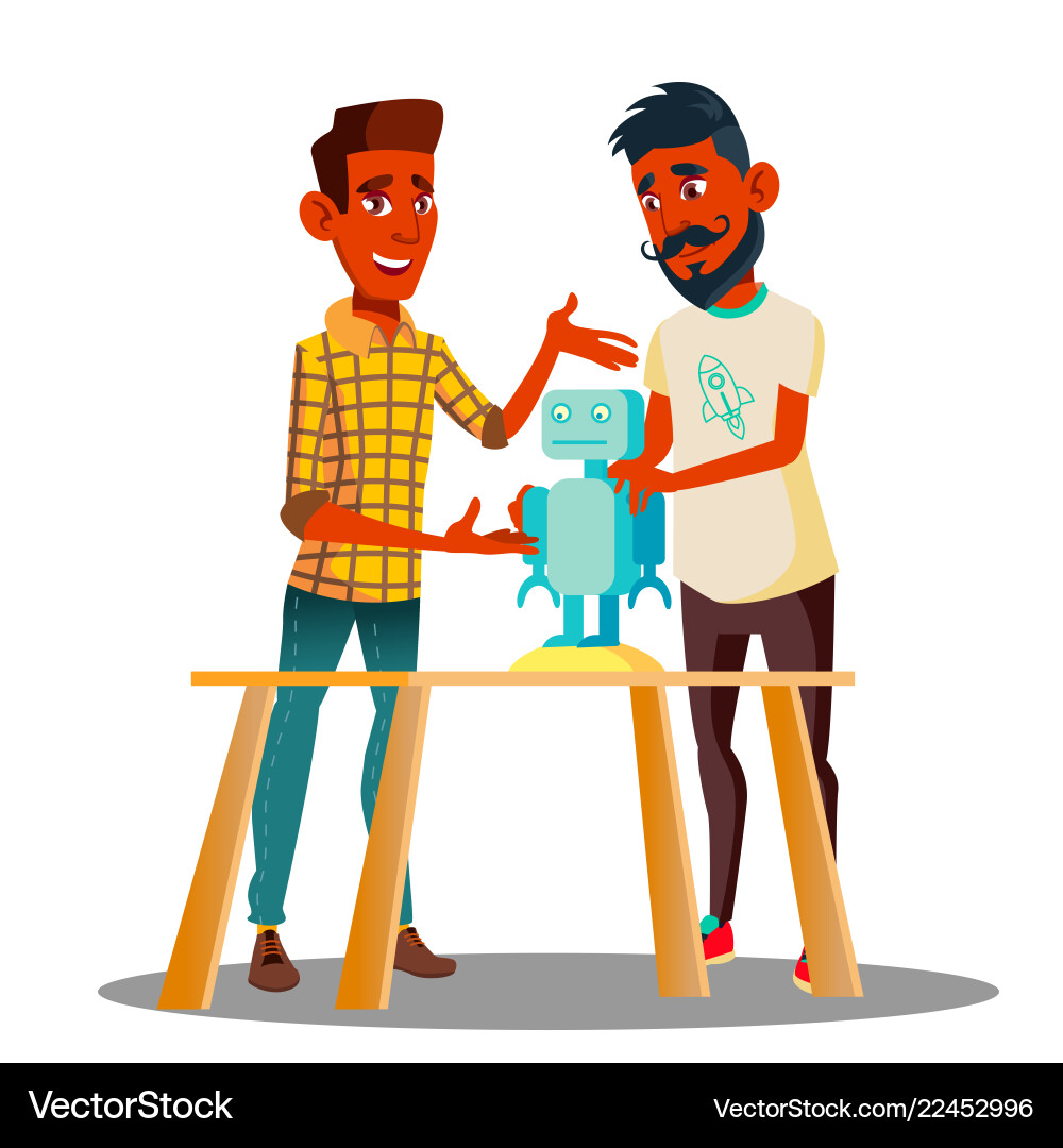 Two smart students constructing a robot Two smart students constructing a robot vector image
