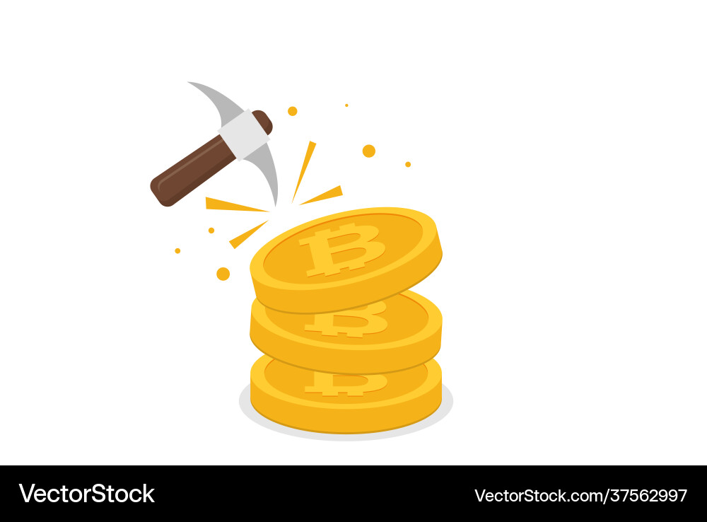 Bitcoin mining concept with pickaxe and coin flat Vector Image
